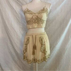 Embroidered Cream Two-Piece Set American eagle cotton gauze cami Y2K  shorts